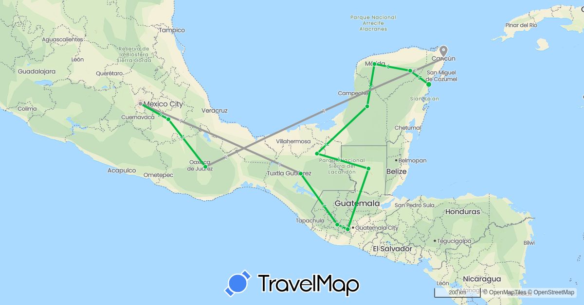 TravelMap itinerary: driving, bus, plane in Guatemala, Mexico (North America)