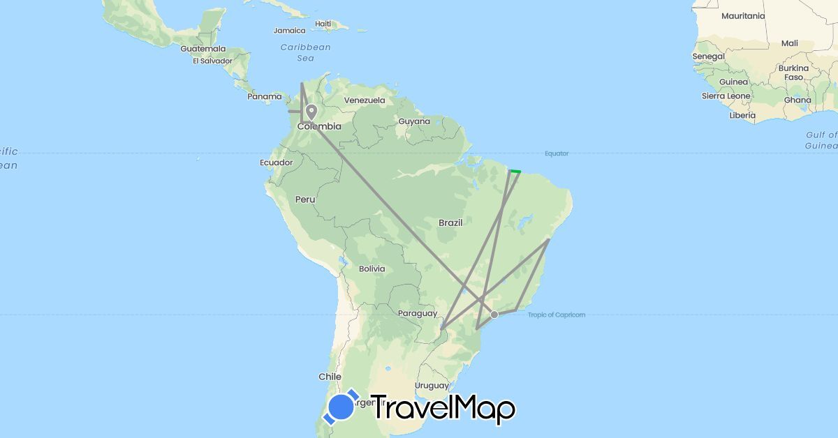 TravelMap itinerary: driving, bus, plane in Brazil, Colombia (South America)