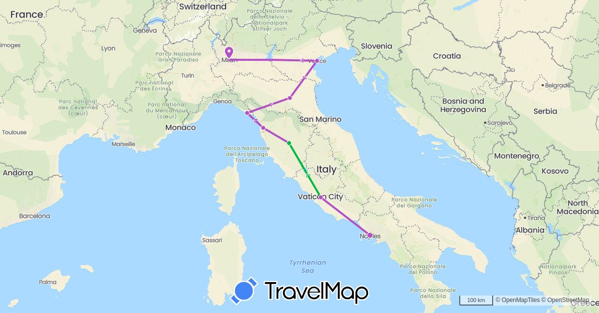 TravelMap itinerary: driving, bus, train in Italy (Europe)