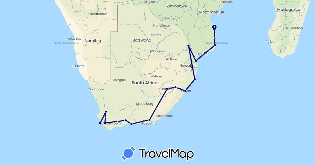 TravelMap itinerary: driving in Lesotho, Mozambique, South Africa (Africa)